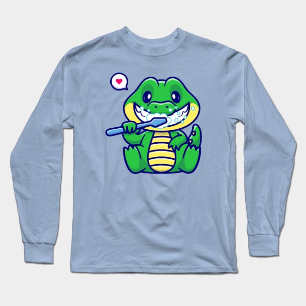 Cute Crocodile Brushing Teeth Cartoon Long Sleeve T-Shirt by Catalyst Labs